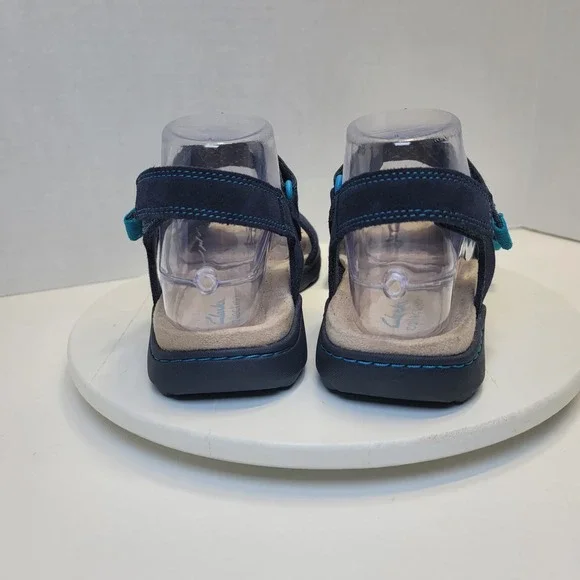 Clarks Flats Sandal Shoes Amanda Sprint Blue Suede Comfort Sporty Strap - Picture 3 of 14